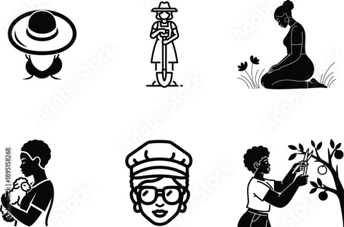 Black silhouettes of people doing daily activities and gardening