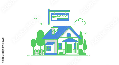 Illustration of a house for rent with a sign and trees.