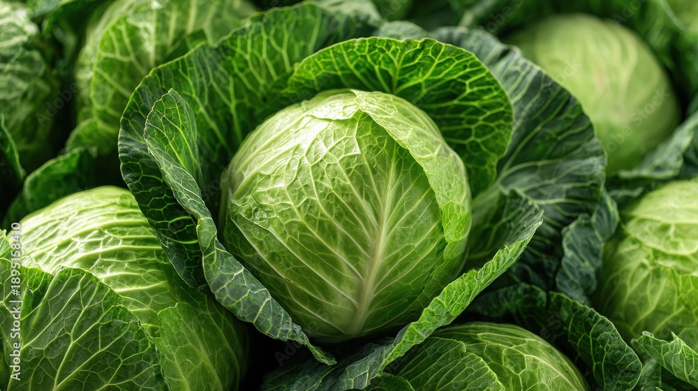 Fototapeta premium Fresh Green Cabbage with Crisp Leaves Gathered Around the Center Displaying Healthy Vegetables in a Natural Farm Setting Ideal for Organic Food Photography