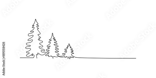 Continuous line art illustration featuring a cluster of three evergreen trees Vector, illustration