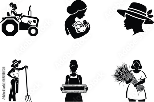 Black silhouettes of women in various farm and gardening activities on white background
