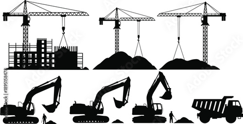 Construction machinery and crane silhouettes set showing building sites, excavation equipment, and heavy industrial vehicles for infrastructure development concepts