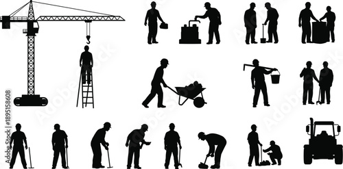 Construction worker silhouettes collection showing building tasks, tools, machinery, and teamwork activities for industrial construction and workforce illustration concepts