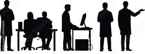 Business professional silhouettes set showing office teamwork, computer work, leadership presentation, and corporate communication for modern workplace concepts