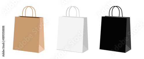 Realistic shopping bag mockups with craft paper packaging isolated on white background