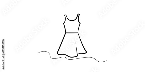 A simple black and white line art illustration of a sleeveless dress icon on a white background. Vector, illustration