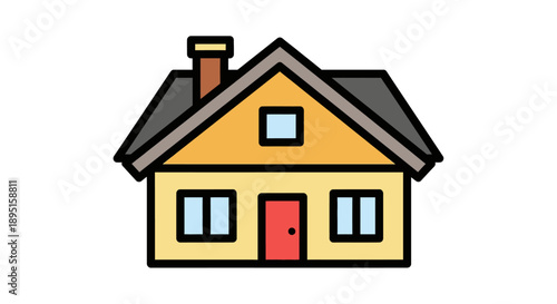 Simple illustration of a yellow house with a red door and chimney.