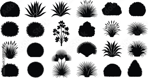 Bush and shrub plant silhouette vector icon set featuring various garden hedge greenery grass tufts and desert succulent elements for landscape architecture and garden design