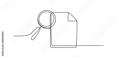 Continuous line art depicting a magnifying glass analyzing a document for research or inspection Vector, illustration