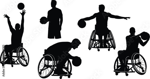 Black silhouettes of wheelchair basketball players in action poses, adaptive sports athletes isolated on white background illustration set collection dynamic motion