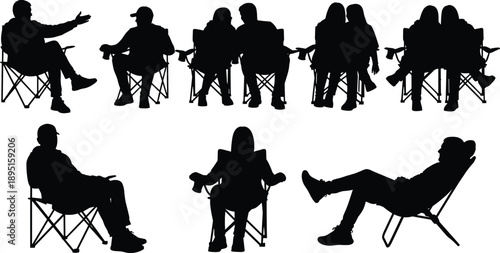 Black silhouettes of people sitting on folding camping chairs in relaxed poses isolated on white background outdoor leisure seating set