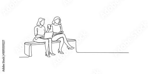 Minimalist line art depicting two women collaborating and using technology on a bench Vector, illustration