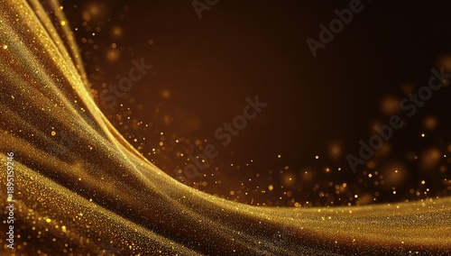 Flowing golden particles creating an elegant, abstract wave against a rich, brown background