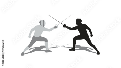Dynamic silhouette of fencers in action stance with shadows