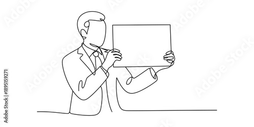 One line art drawing of a businessman in a suit holding an empty rectangular sign Vector, illustration