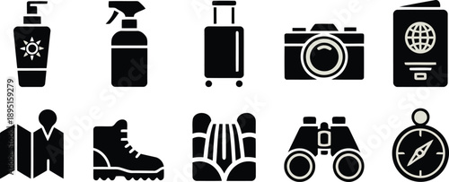 A collection of essential travel accessories and outdoor adventure gear icons for exploration