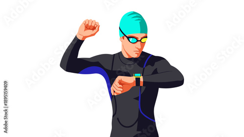 Swimmer in wetsuit checking fitness tracker: sport and technology merge