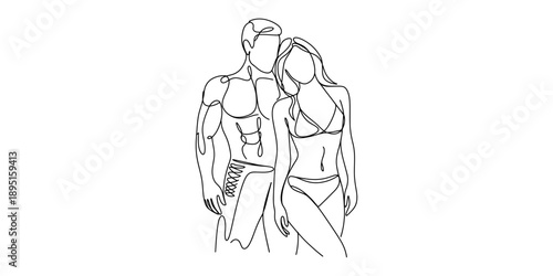 A minimalist continuous line art drawing depicting an intimate couple embracing each other isolated on white background, Vector, illustration