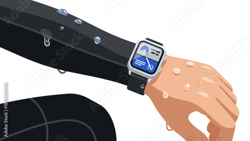 Smartwatch on wet hand displaying fitness app: modern sport technology