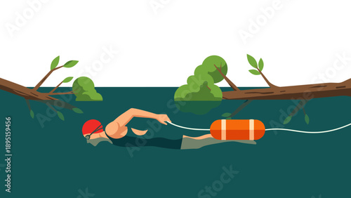 Flat design swimmer with safety buoy in calm lake scene