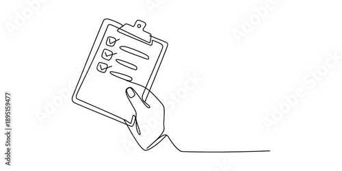 Minimalist single-line illustration showing a hand completing a checklist on a clipboard isolated on white background, Vector, illustration