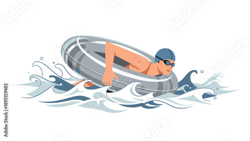 Person swimming through waves in inflatable inner tube with goggles and cap