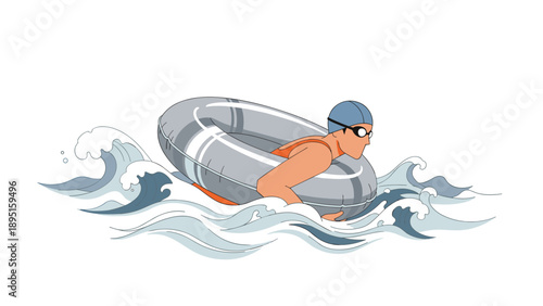 Swimmer with lifebuoy navigating ocean waves in dynamic flat design