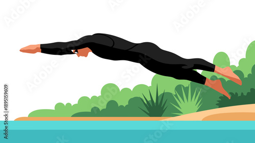 Swimmer in black suit diving into water with nature background