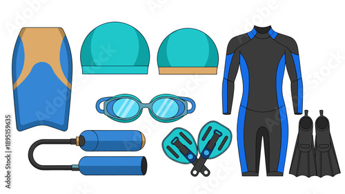 Essential swim gear collection featuring wetsuit, goggles, and flippers in flat design
