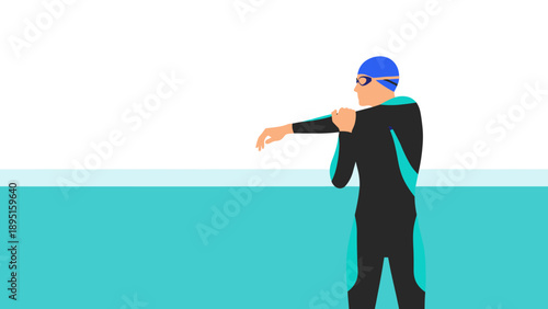 Swimmer preparing with stretching exercises by the pool in minimalist design