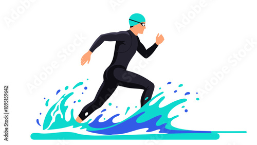 Athlete running through water in dynamic flat design style