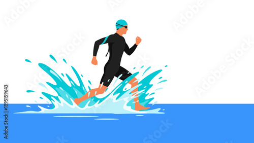 Triathlete running through water in dynamic flat style