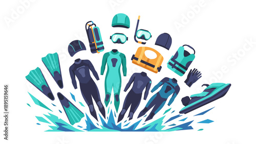 Diving gear collection: modern wetsuits, snorkels and accessories for ocean adventures