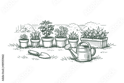 Vintage woodcut vector illustration of potted plants with a watering can and garden trowel, detailed black and white etching style gardening scene.