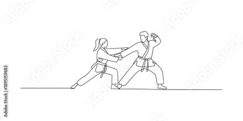 Single continuous line drawing of a man and woman practicing martial arts isolated on white background, Vector, illustration
