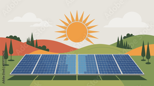 Solar Panels in a Green Landscape Under a Bright Sun and Cloudy Sky solar energy renewable energy