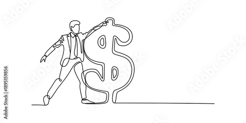 A continuous one-line drawing of a businessman holding or pushing a giant dollar sign symbol isolated on white background, Vector, illustration
