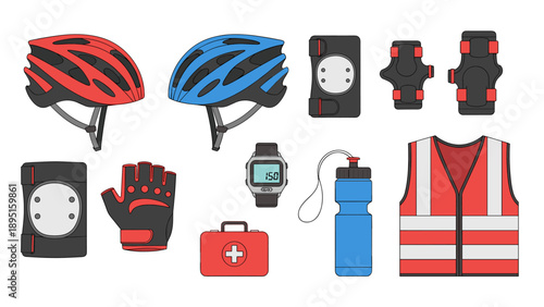 Cycling gear essentials: helmets, safety vest, wristbands, and more in a flat design