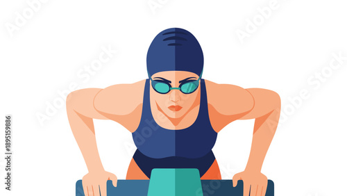 Determined female swimmer ready to dive in bold flat style with goggles and swim cap