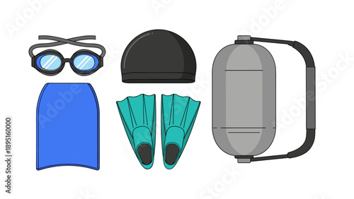 Diving and swimming gear collection featuring modern equipment and accessories