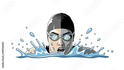 Dynamic swimming athlete in action with water splash over white background