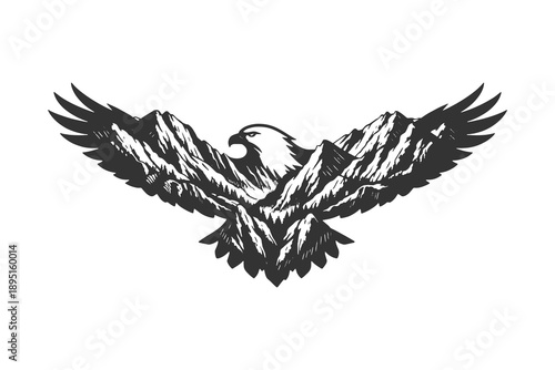 Creative double exposure vector illustration of a soaring eagle with a mountain range inside its wings, woodcut style nature conceptual art.