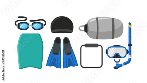 Essential diving gear collection featuring snorkel, goggles, and flippers in flat design