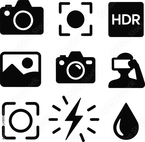 A collection of photography related symbols including a camera lightning flash and water droplet