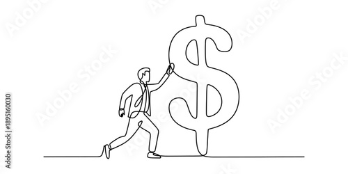 Continuous line drawing of a businessman running towards a large dollar sign, illustrating financial goals isolated on white background, Vector, illustration