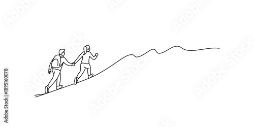 A couple holding hands walks together along a continuous uphill path, symbolizing partnership and support isolated on white background, Vector, illustration