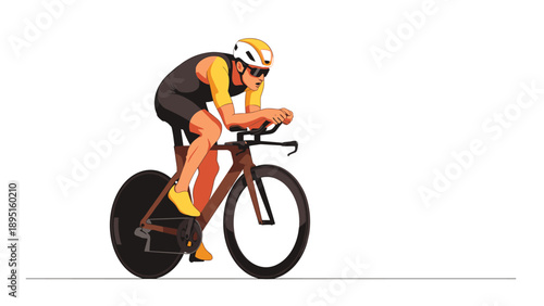 Cyclist in dynamic motion on racing bicycle with helmet and gear