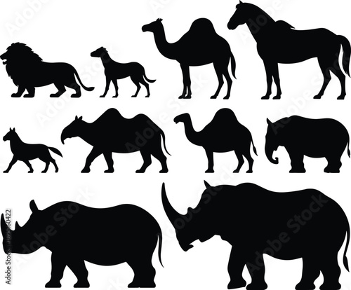 Wild animal silhouette collection with lion dog camel horse rhinoceros elephant isolated on white background black vector set