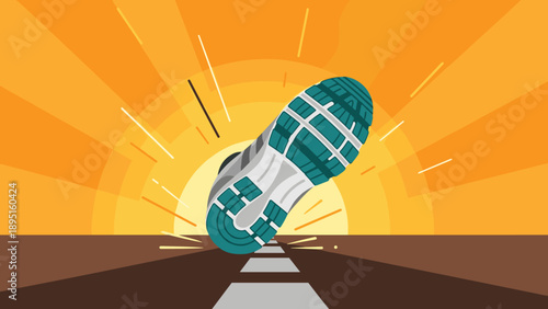 Dynamic running shoe against sunrise background in flat design