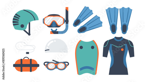 Diving and snorkeling gear set in flat design featuring helmets, goggles, and wetsuit